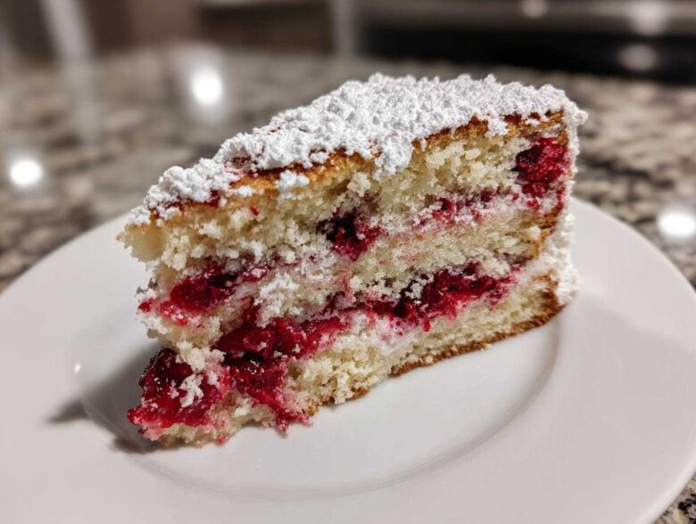 A close-up of a moist slice of cherry cake layered with bright red fruit filling and topped with powdered sugar.