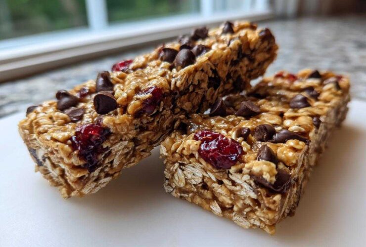 Close-up of two chewy no bake granola bars studded with chocolate chips and dried cranberries.