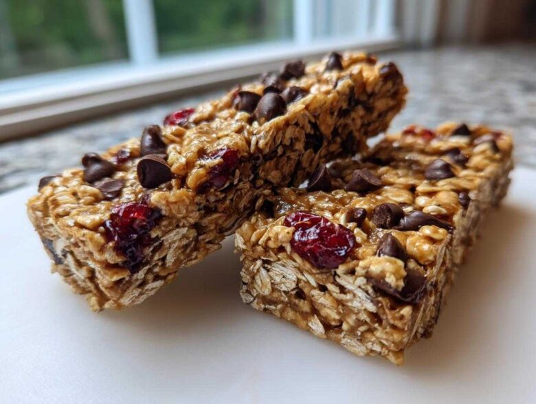 Close-up of two chewy no bake granola bars studded with chocolate chips and dried cranberries.
