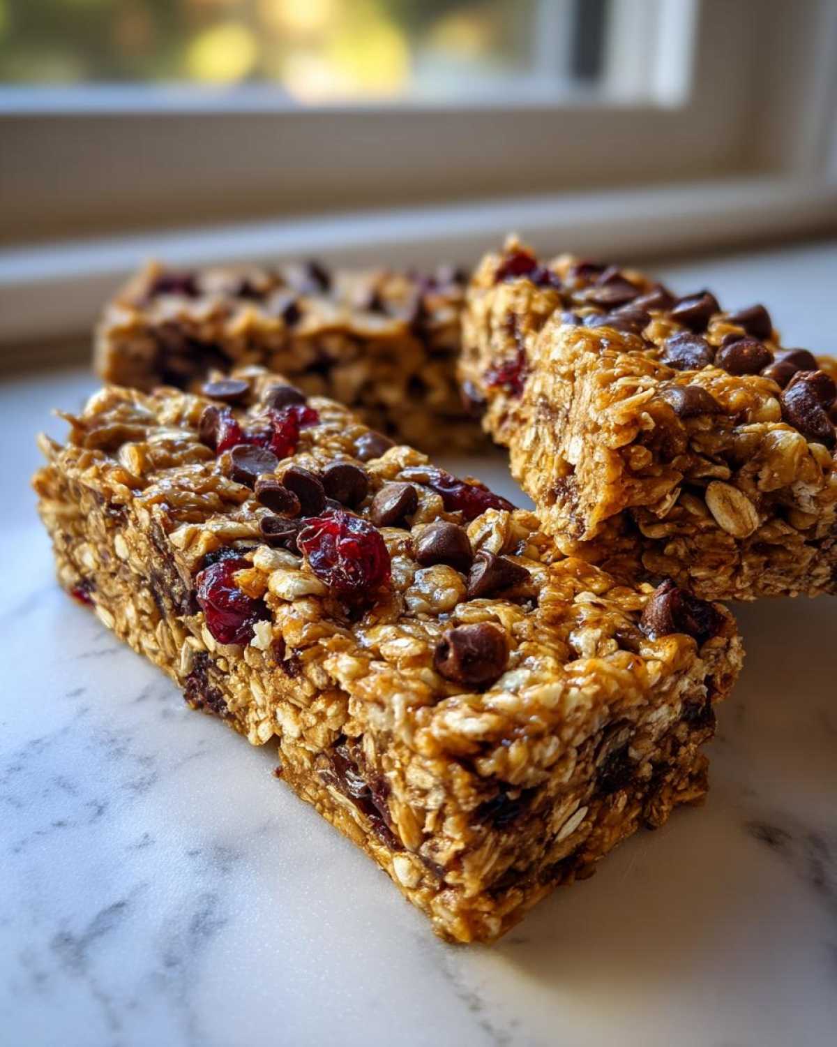 Close-up of chewy no bake granola bars packed with oats, chocolate chips, and dried cranberries on a marble surface.