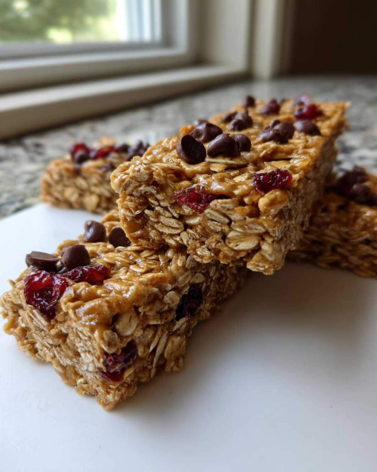 Close-up of chewy no bake granola bars stacked, featuring oats, dried cranberries, and chocolate chips on top.