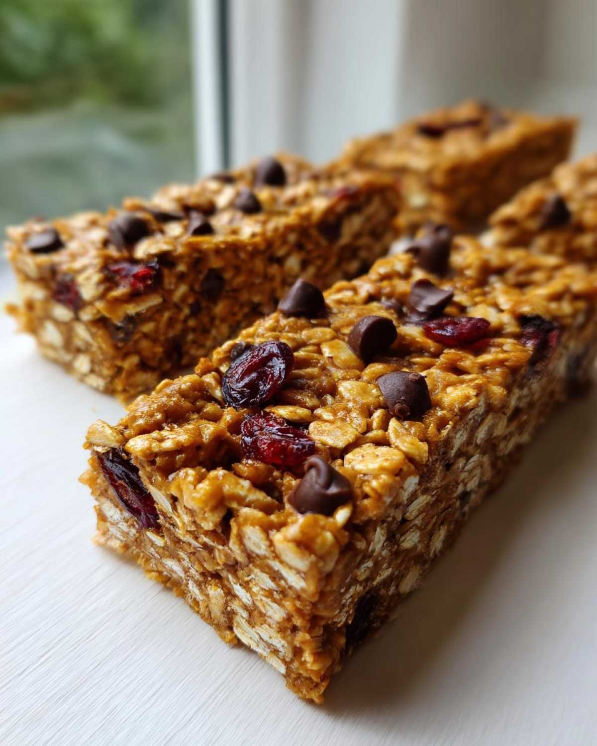 Close-up of chewy no bake granola bars packed with oats, dried cranberries, and chocolate chips.