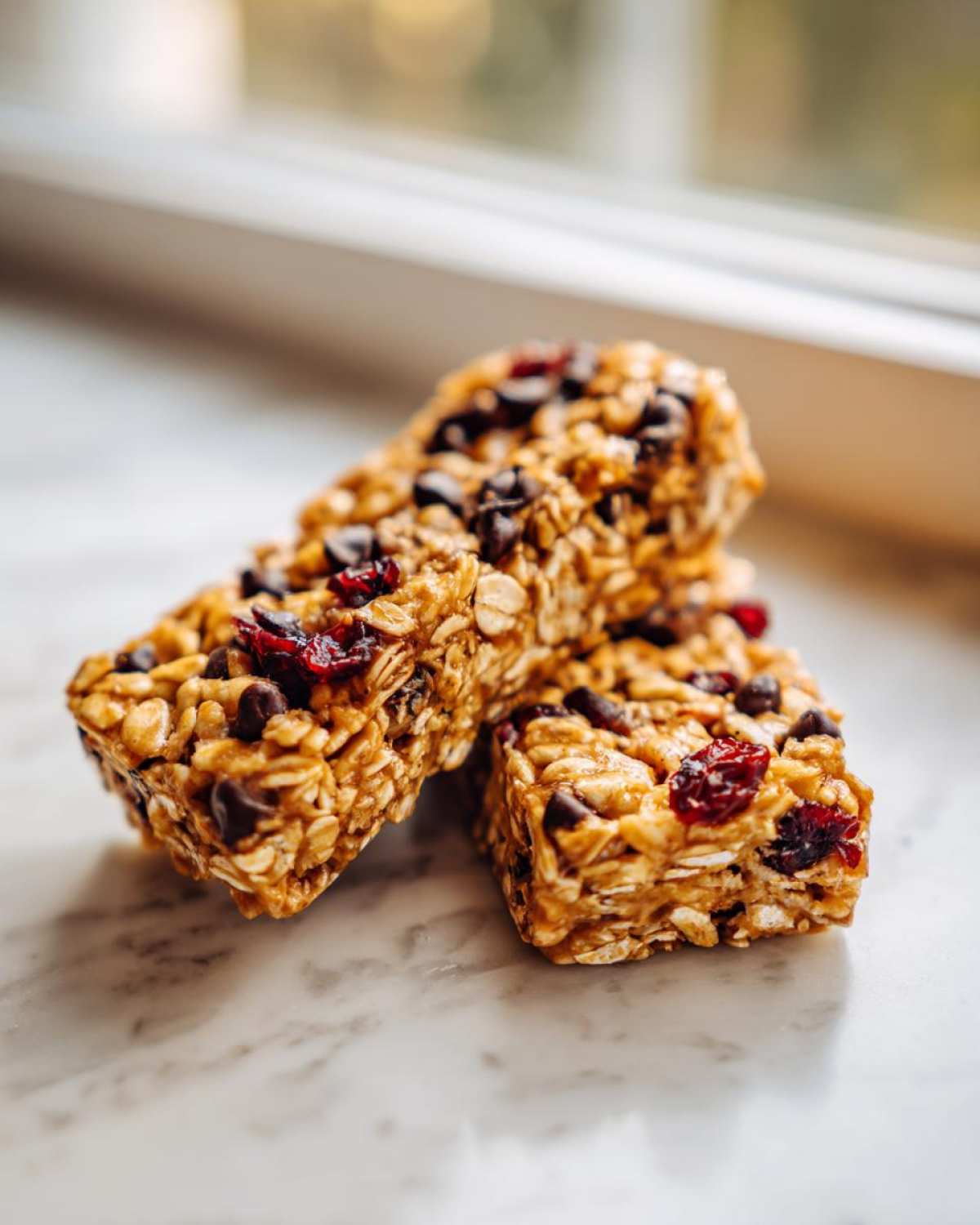 Close-up of three chewy no bake granola bars packed with oats, chocolate chips, and dried cranberries on a marble surface.