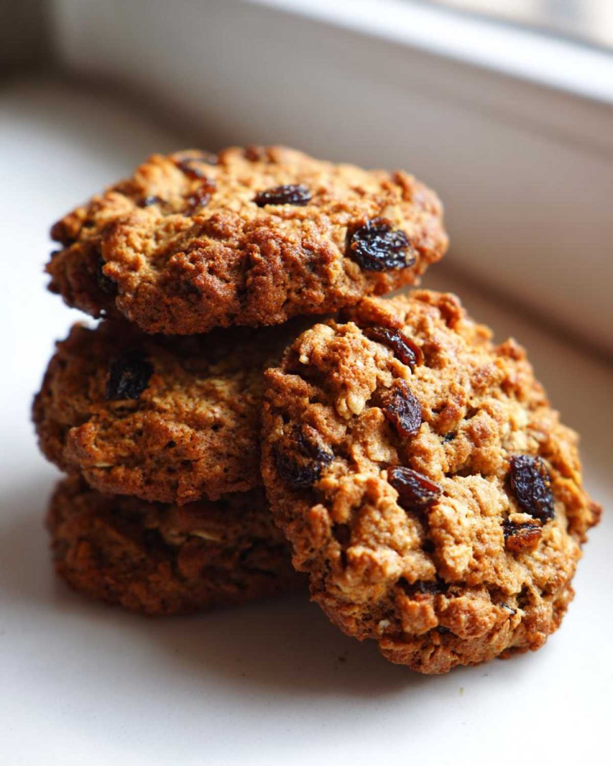 A close-up stack of three golden brown, chewy oatmeal raisin cookies resting on a white surface.