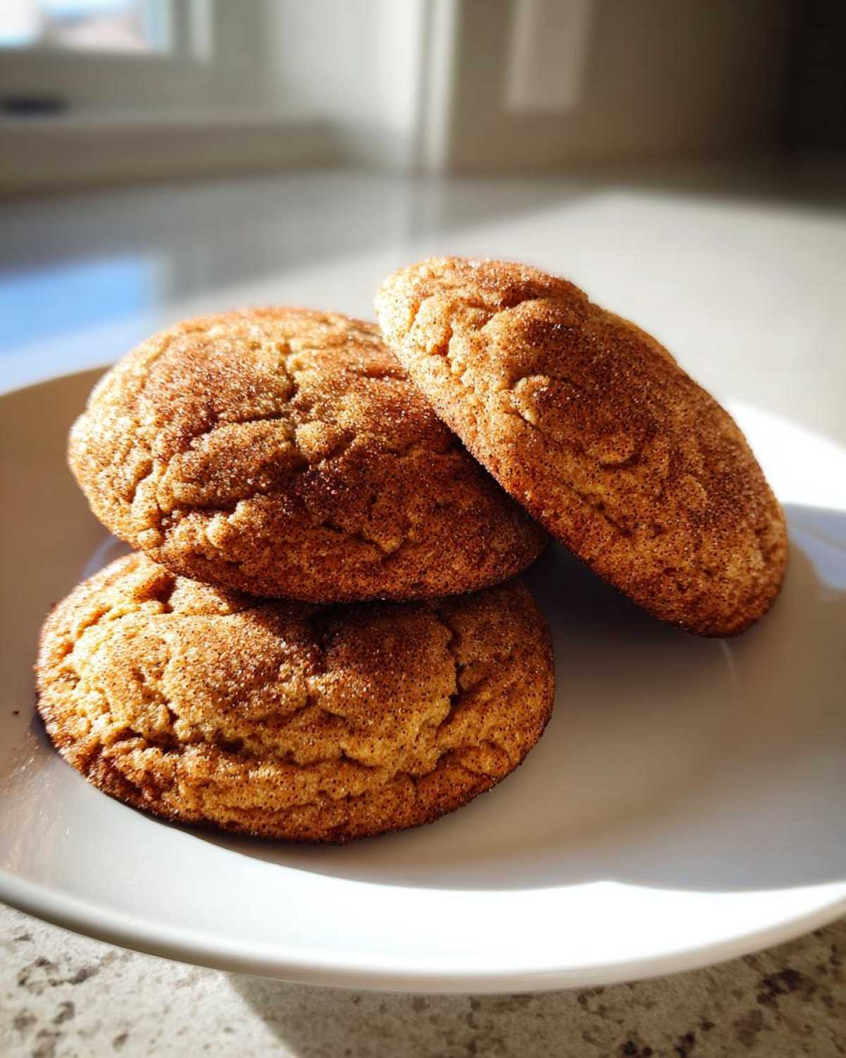 Close-up of three chewy pumpkin snickerdoodles generously coated in cinnamon sugar, stacked on a white plate.