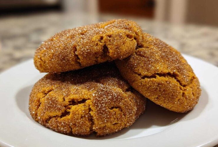 Three chewy pumpkin snickerdoodles coated in cinnamon sugar stacked on a white plate.