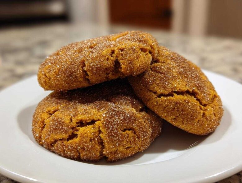 Three chewy pumpkin snickerdoodles coated in cinnamon sugar stacked on a white plate.