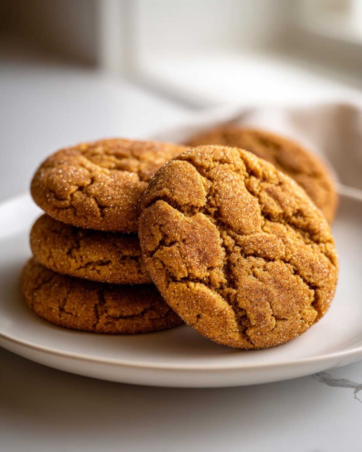 A close-up stack of chewy pumpkin snickerdoodles coated in cinnamon sugar resting on a white plate.