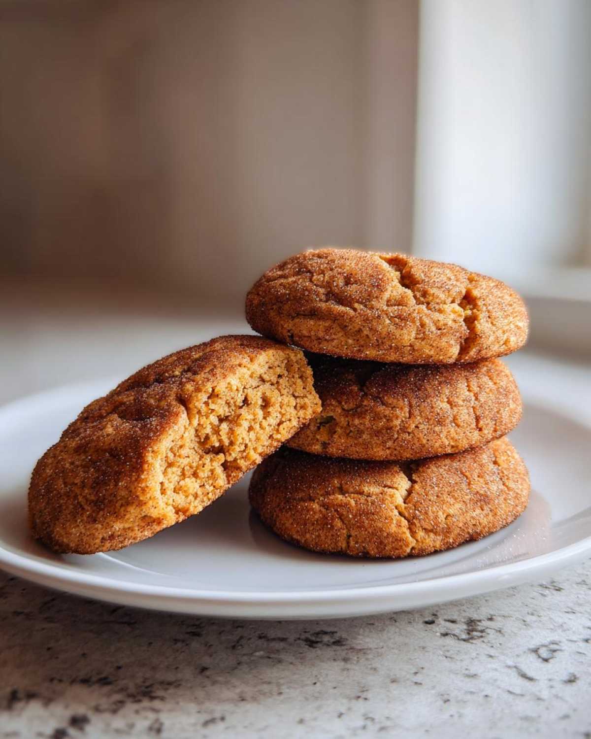 A stack of three chewy pumpkin snickerdoodles broken in half showing the soft interior.