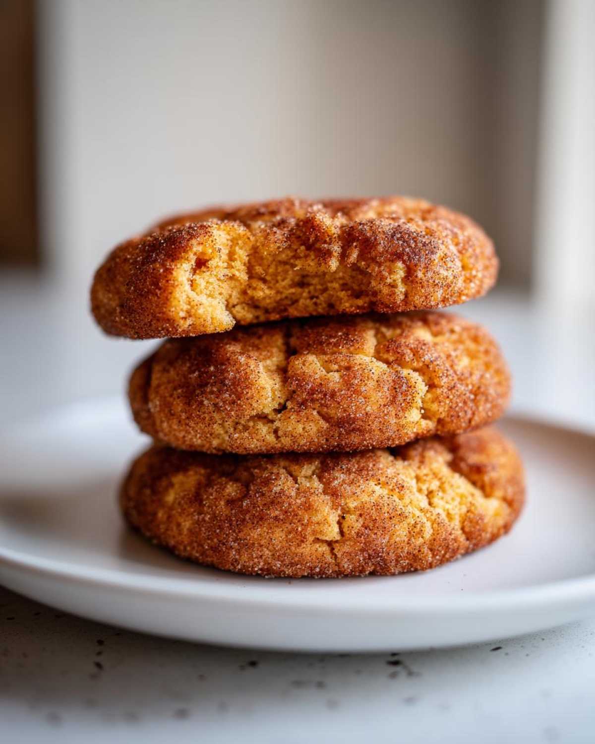 Three chewy pumpkin snickerdoodles stacked on a white plate, with a bite taken out of the top cookie.