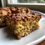 A close-up of a square portion of Chewy Zucchini Oatmeal Bars showing texture of oats and shredded zucchini.