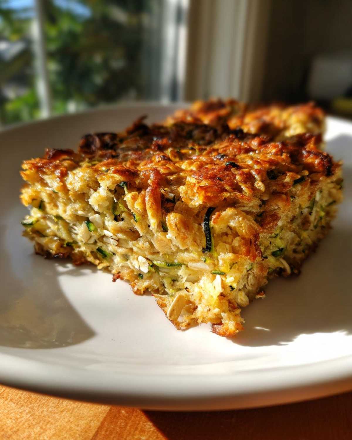 A close-up, sunlit shot of a square slice of Chewy Zucchini Oatmeal Bars showing oats and shredded zucchini texture.