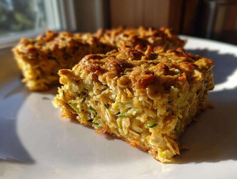 A close-up, sunlit view of a thick slice of Chewy Zucchini Oatmeal Bars showing texture and shredded zucchini.