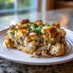 A close-up serving of moist chicken stuffing casserole topped with melted cheese and fresh parsley.