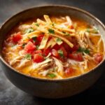 Close-up of a hearty bowl of chicken tortilla soup, featuring shredded chicken, melted cheese, diced tomatoes, and crispy tortilla strips.