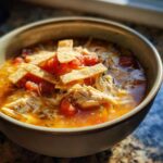 Close-up of a bowl of flavorful chicken tortilla soup topped with shredded chicken, tomatoes, and crispy tortilla strips.