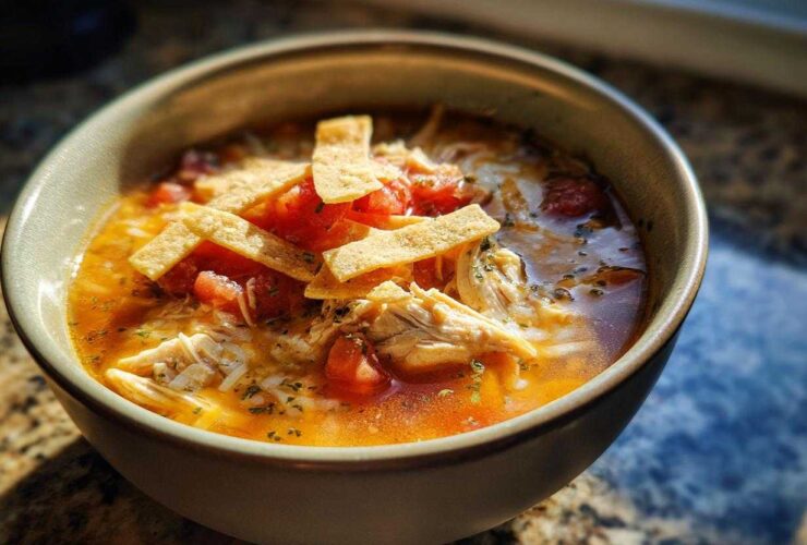 Close-up of a bowl of flavorful chicken tortilla soup topped with shredded chicken, tomatoes, and crispy tortilla strips.