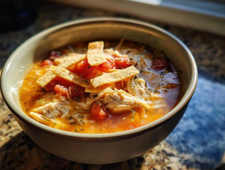 Close-up of a bowl of flavorful chicken tortilla soup topped with shredded chicken, tomatoes, and crispy tortilla strips.