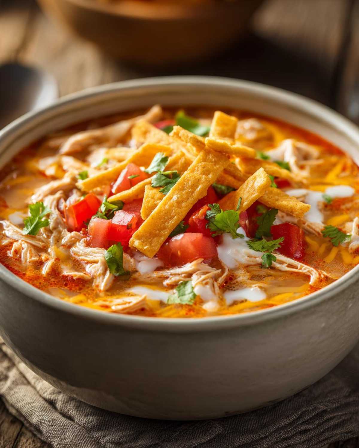 Close-up of a bowl of rich chicken tortilla soup topped with shredded chicken, tomatoes, sour cream, and crispy tortilla strips.
