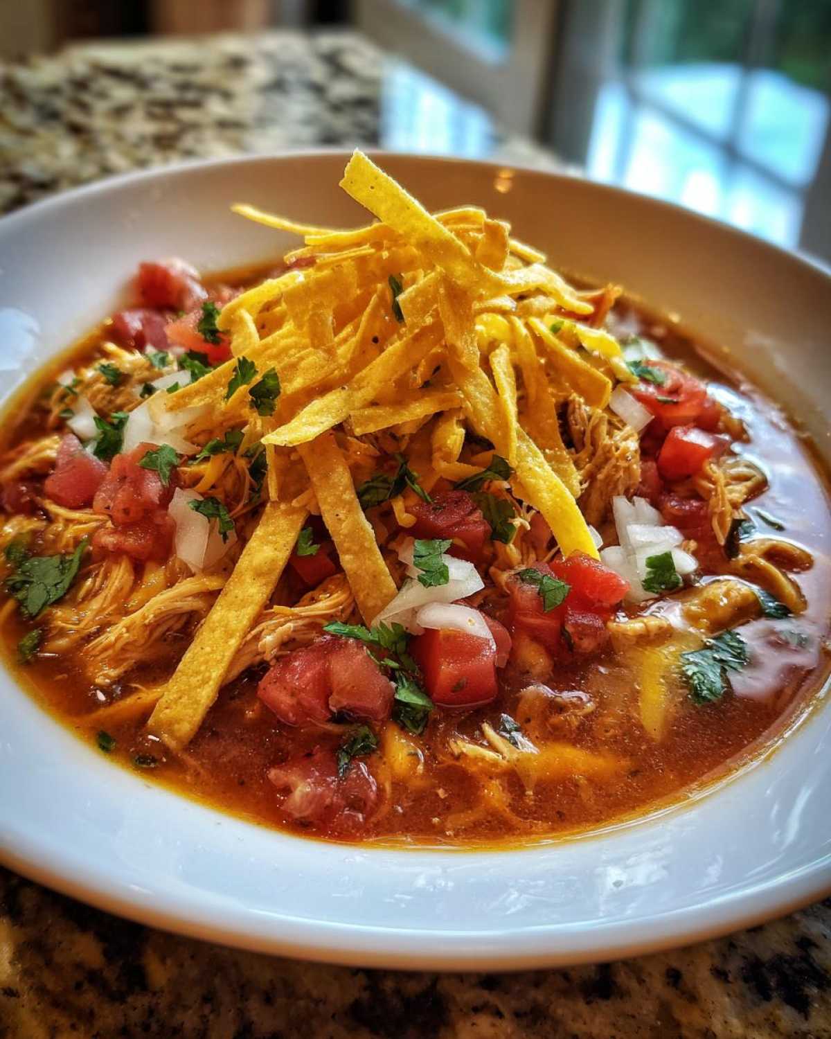 Close-up of a hearty bowl of chicken tortilla soup topped with shredded chicken, diced tomatoes, onion, and crispy tortilla strips.