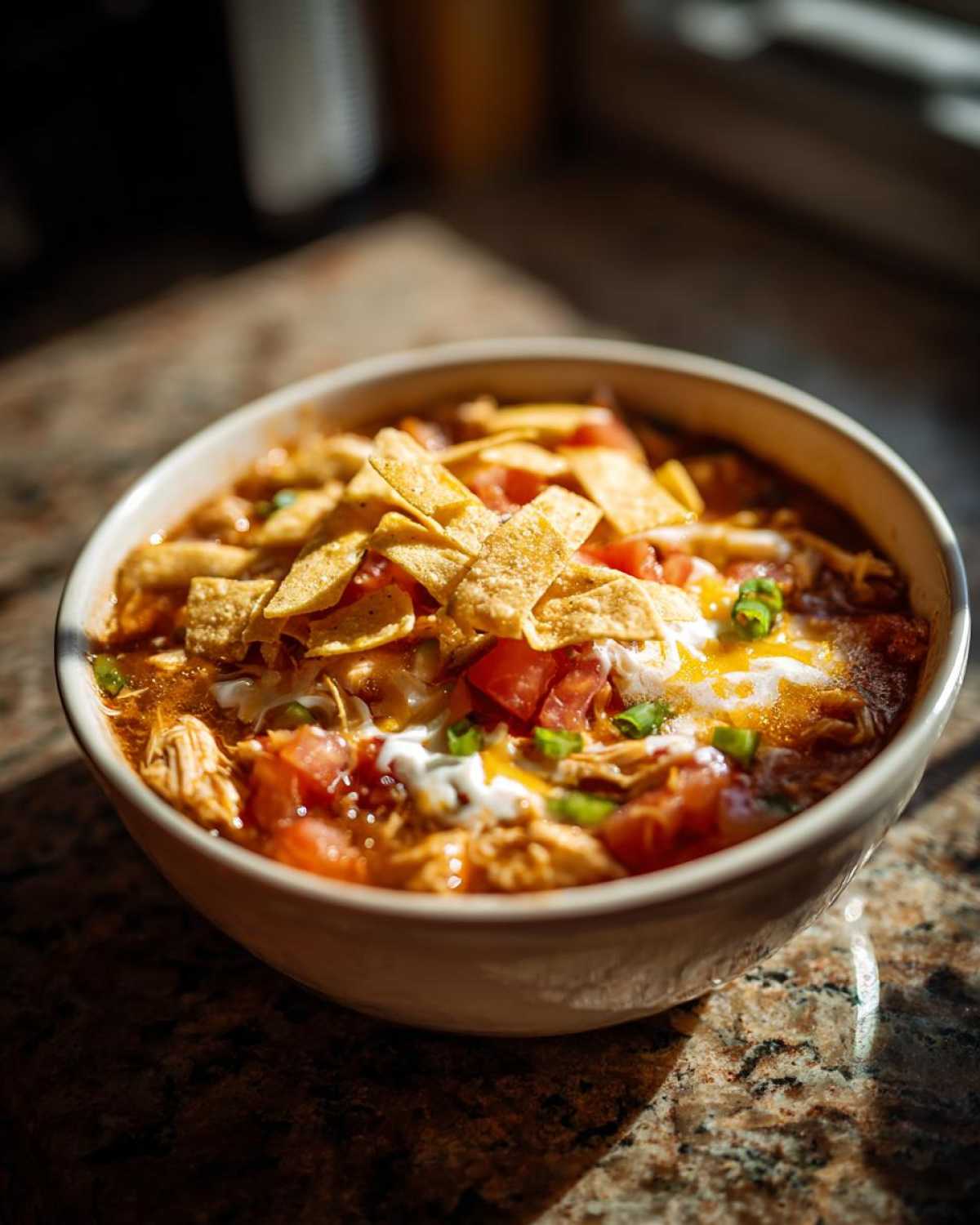 A close-up of a bowl of rich chicken tortilla soup topped with crispy tortilla strips, sour cream, and diced tomatoes.