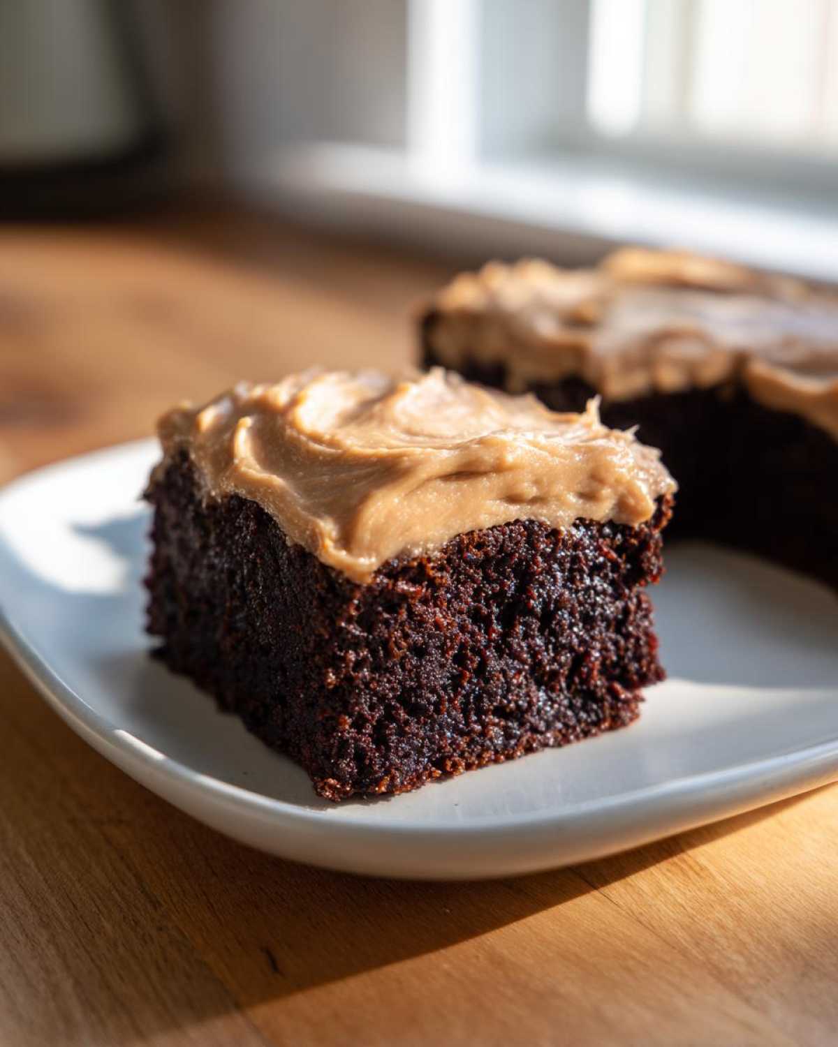 A close-up of a fudgy, dark chocolate banana bread brownies square topped with thick peanut butter frosting.