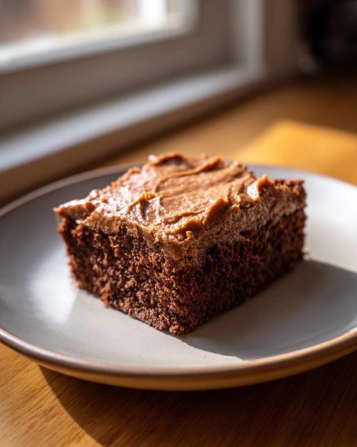 A square slice of rich, dark chocolate banana bread brownies topped with creamy chocolate frosting on a gray plate.