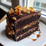 A decadent slice of chocolate caramel toffee crunch cake showing dark layers, caramel filling, and crunchy toffee topping.