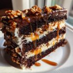 A decadent slice of chocolate caramel toffee crunch cake featuring dark layers, white frosting, and dripping caramel sauce.