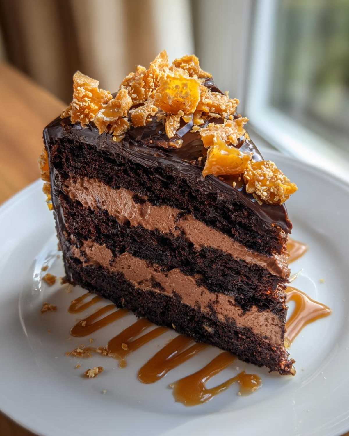A tall slice of chocolate caramel toffee crunch cake with layers of dark chocolate cake and light brown frosting, topped with toffee pieces.