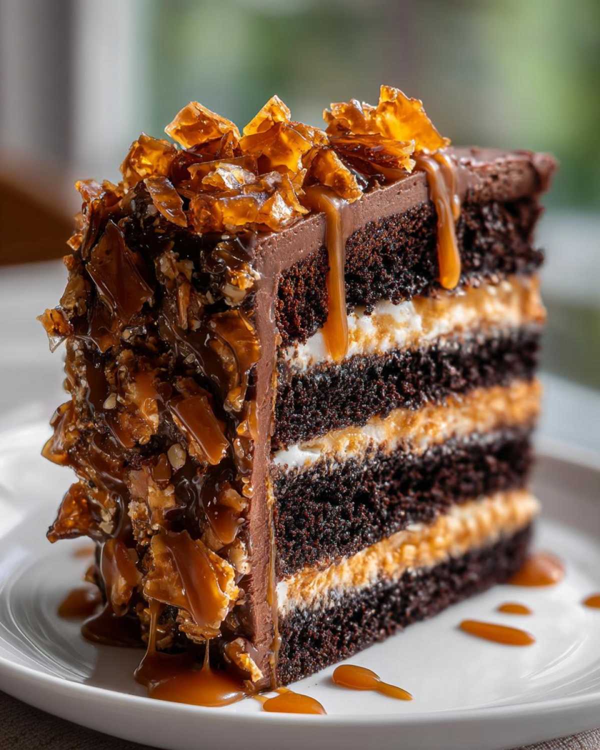 A decadent slice of chocolate caramel toffee crunch cake showing multiple dark chocolate layers and caramel filling.