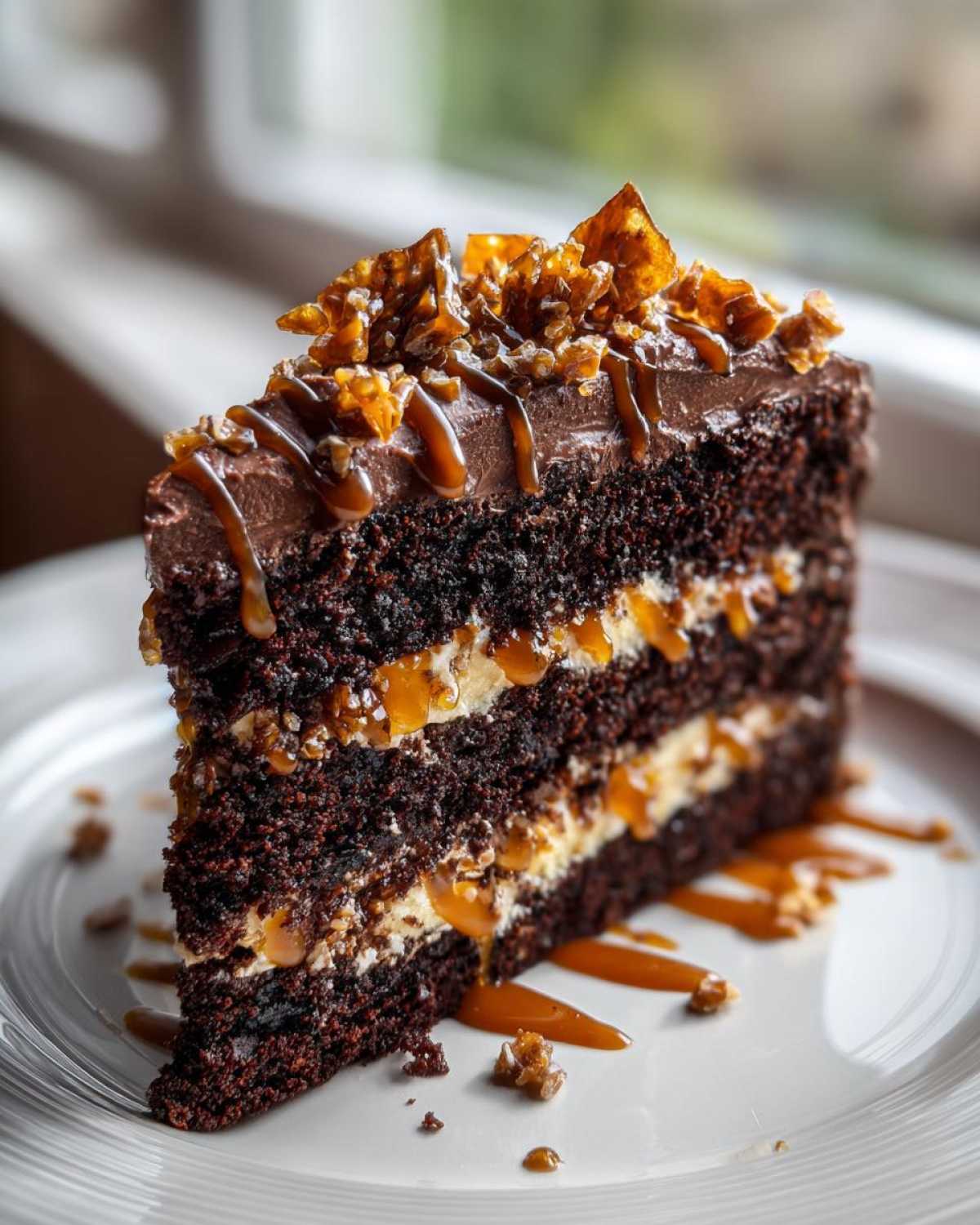 A decadent slice of chocolate caramel toffee crunch cake with layers of dark cake, cream, caramel drizzle, and toffee shards.