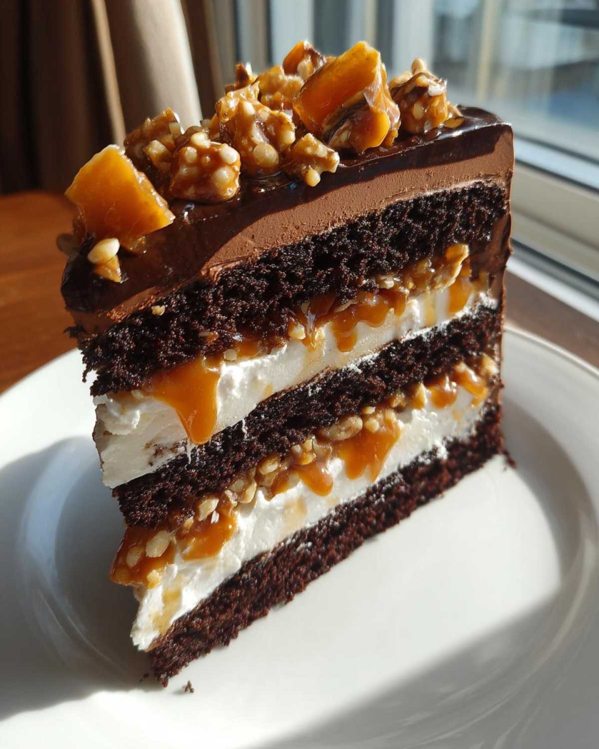 A tall slice of chocolate caramel toffee crunch cake with multiple layers of dark cake, white filling, and caramel drizzle.