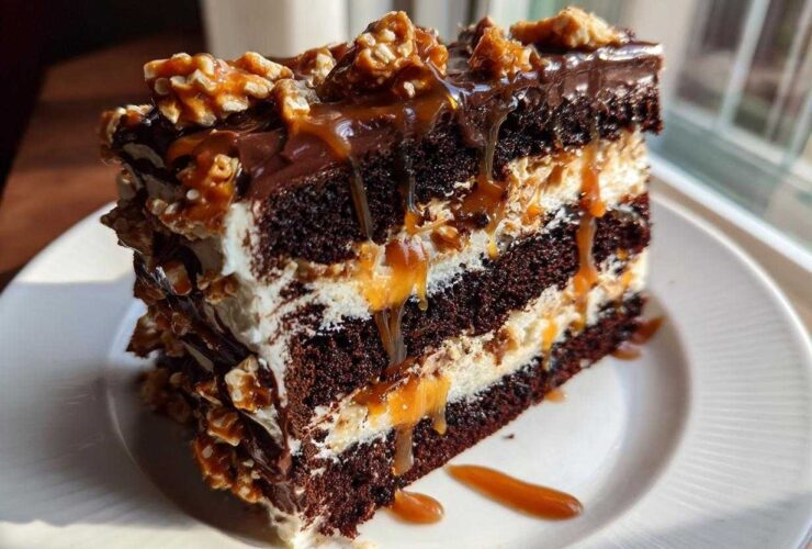 A decadent slice of chocolate caramel toffee crunch cake featuring dark layers, white frosting, and dripping caramel sauce.