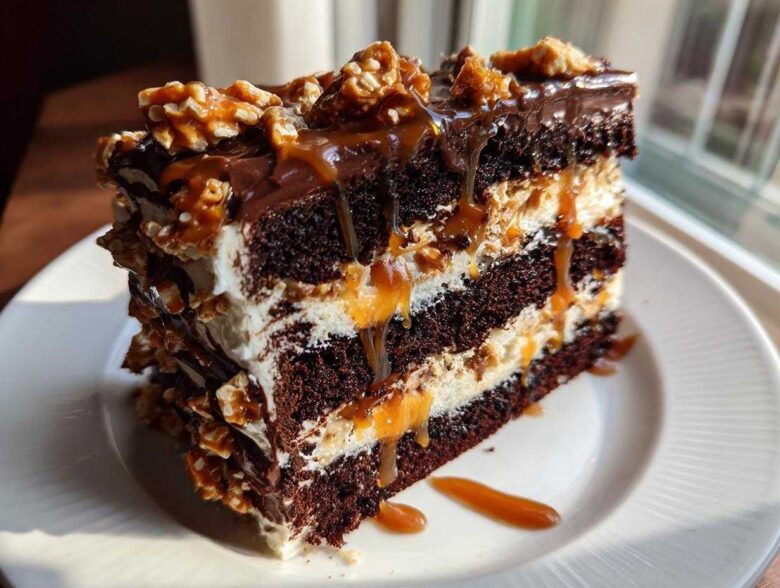 A decadent slice of chocolate caramel toffee crunch cake featuring dark layers, white frosting, and dripping caramel sauce.