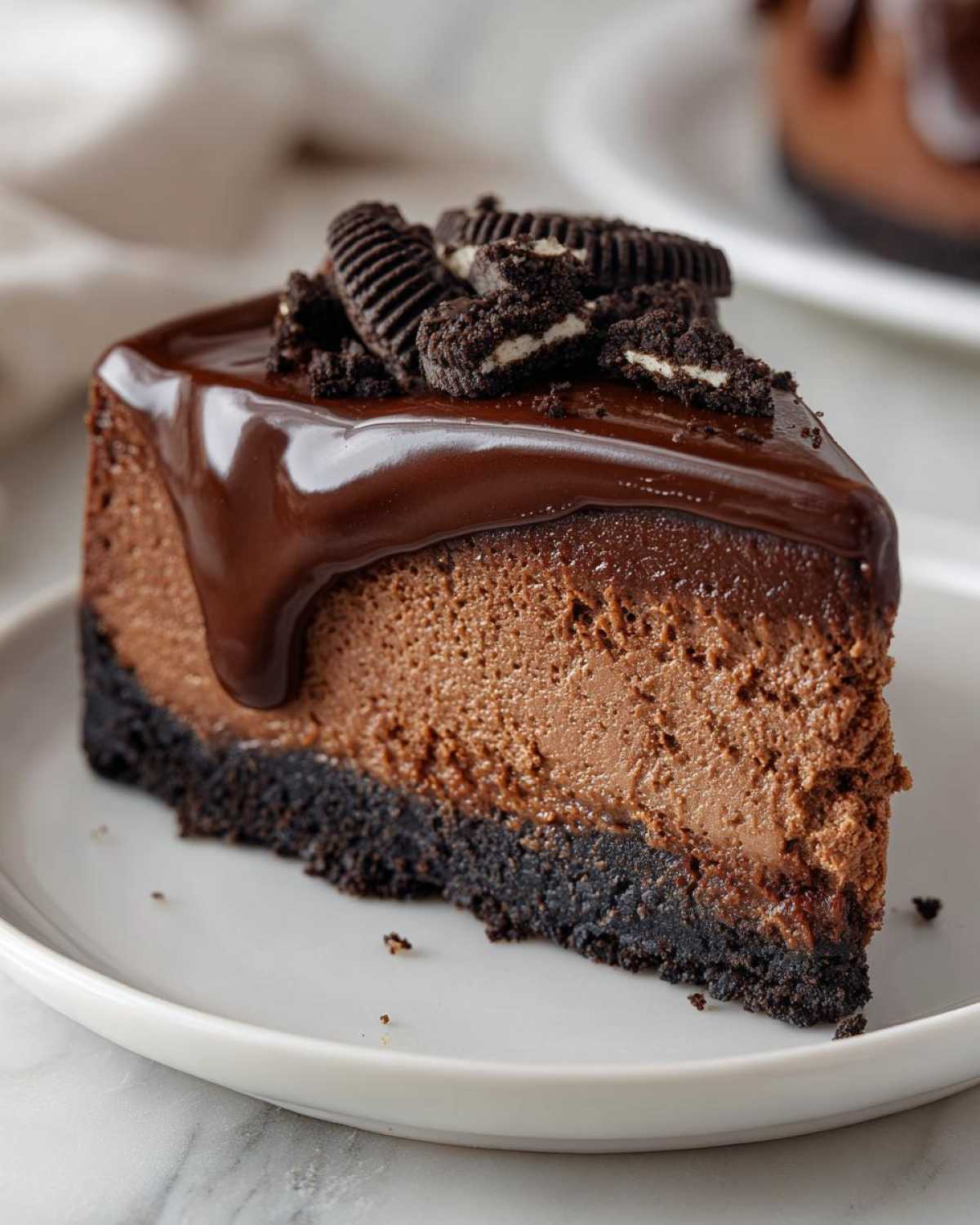 A rich slice of chocolate cheesecake with a dark cookie crust, topped with chocolate ganache and crushed Oreos.
