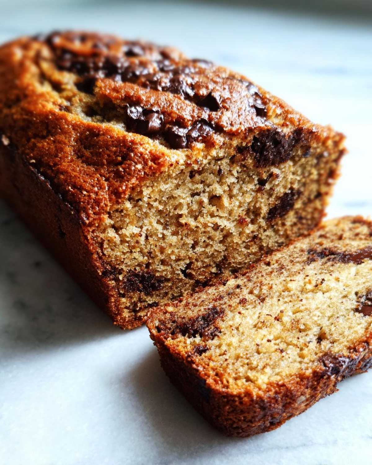 Close-up of a freshly baked chocolate chip banana bread loaf with one slice cut and resting beside it.