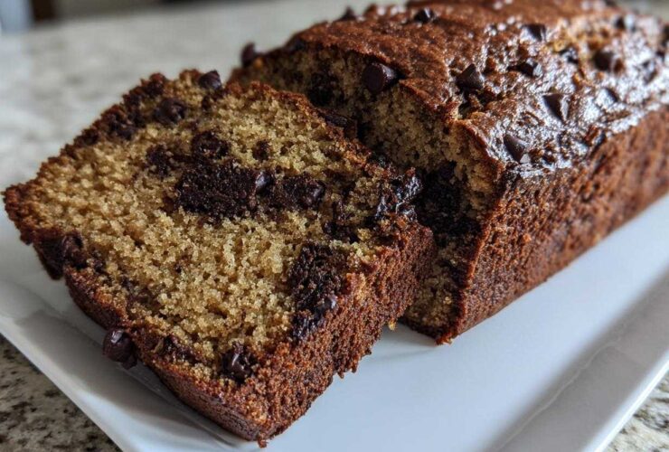 A freshly baked loaf of chocolate chip banana bread, partially sliced, showing moist interior texture and melted chocolate chips.
