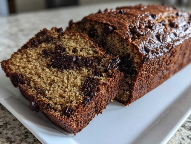 A freshly baked loaf of chocolate chip banana bread, partially sliced, showing moist interior texture and melted chocolate chips.
