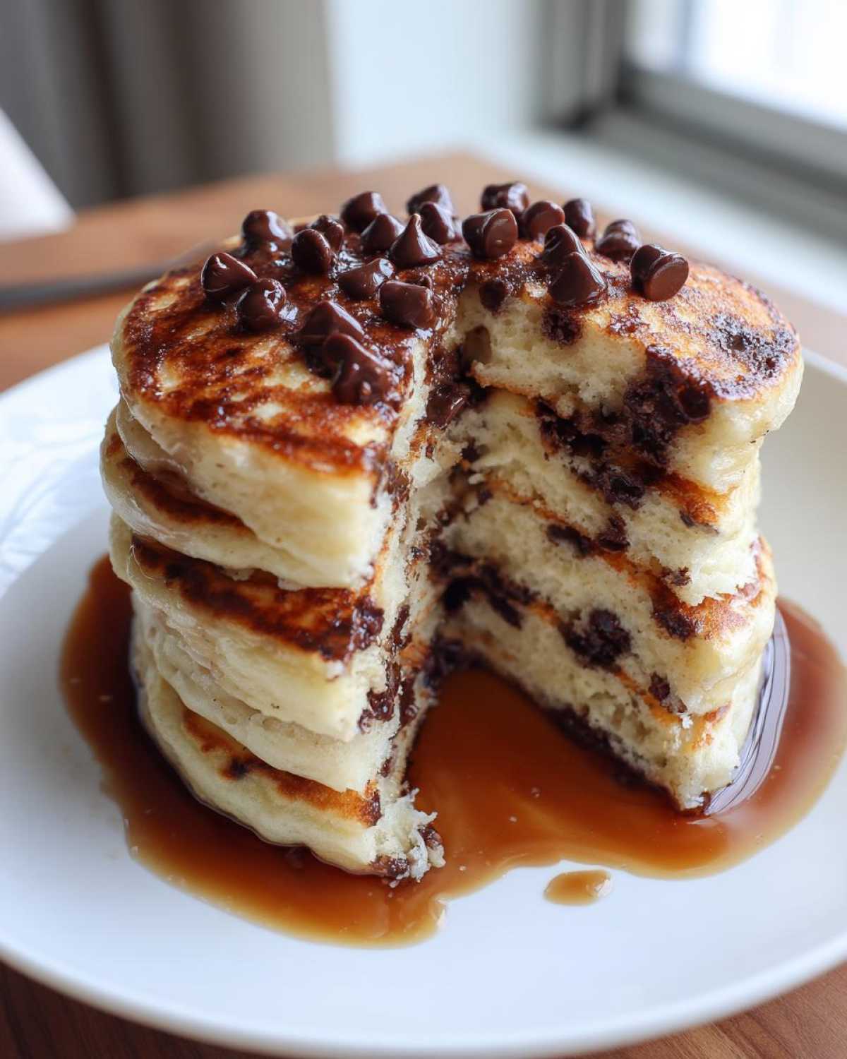 A tall stack of fluffy chocolate chip pancakes with a slice removed, topped with chocolate chips and drizzled with syrup.