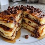 A tall stack of fluffy chocolate chip pancakes, cut open to show melted chocolate, drizzled with syrup and topped with extra chocolate chips.