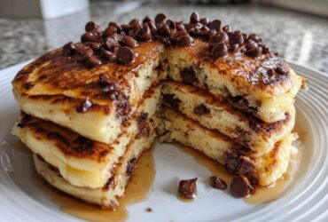 A tall stack of fluffy chocolate chip pancakes, cut open to show melted chocolate, drizzled with syrup and topped with extra chocolate chips.