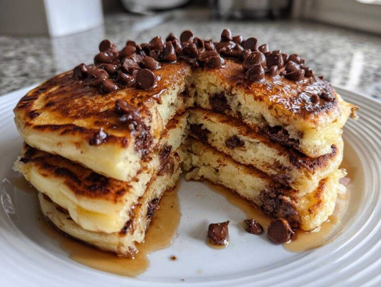 A tall stack of fluffy chocolate chip pancakes, cut open to show melted chocolate, drizzled with syrup and topped with extra chocolate chips.