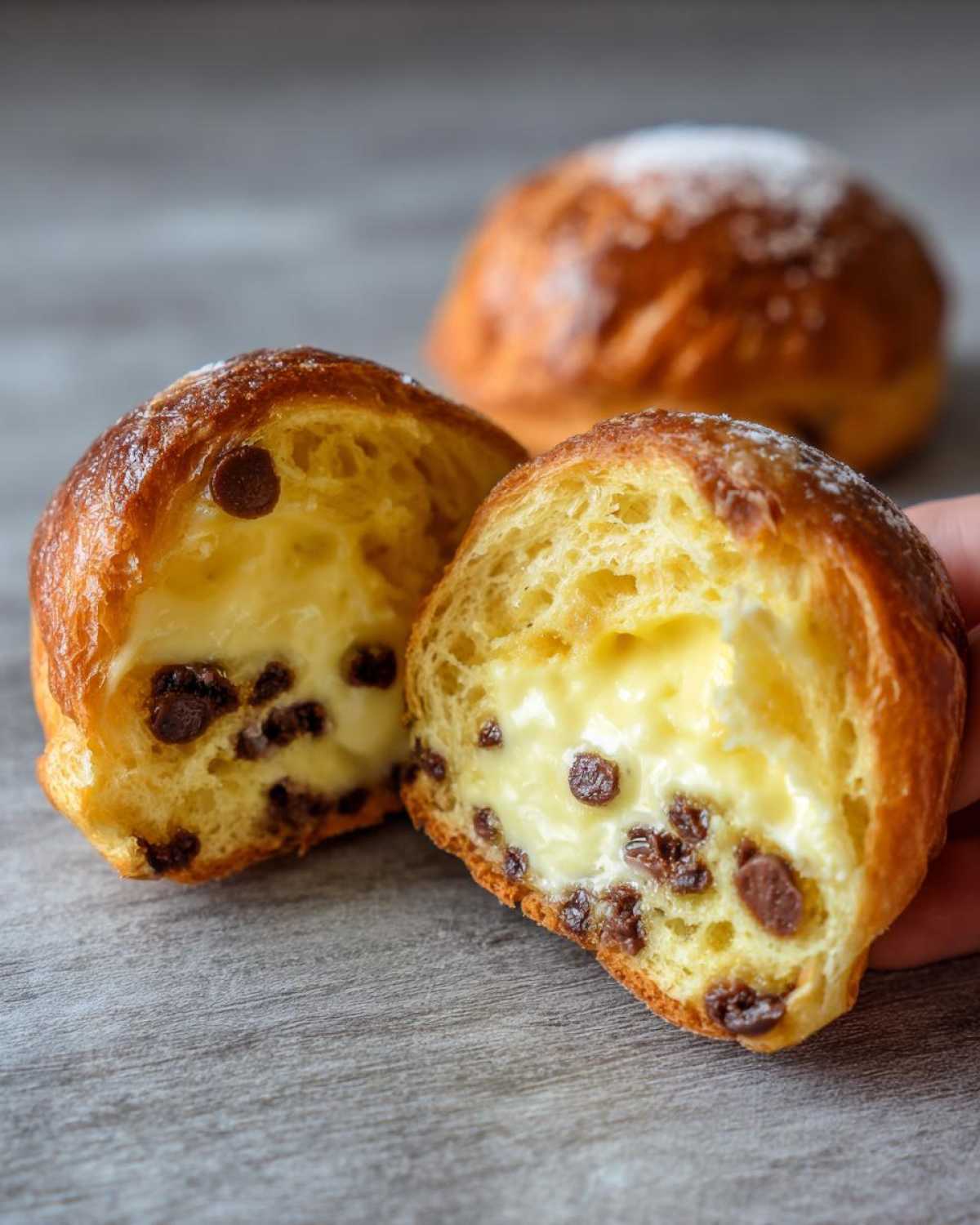 A chocolate chip vanilla custard brioche cut in half showing the rich, creamy vanilla custard filling and chocolate chips.