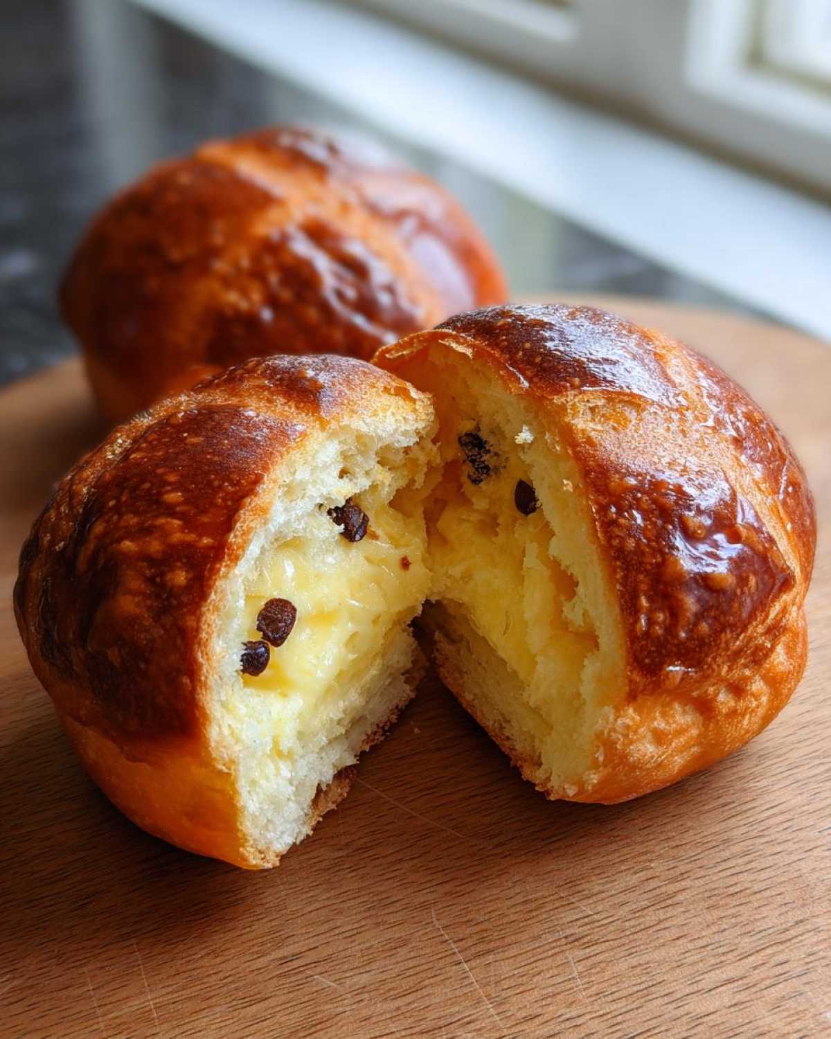 A chocolate chip vanilla custard brioche cut in half showing the creamy yellow custard filling and chocolate chips inside.
