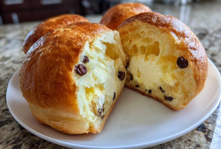 Close-up of chocolate chip vanilla custard brioches, one cut in half revealing rich vanilla custard filling.