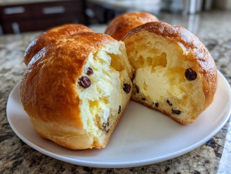 Close-up of chocolate chip vanilla custard brioches, one cut in half revealing rich vanilla custard filling.