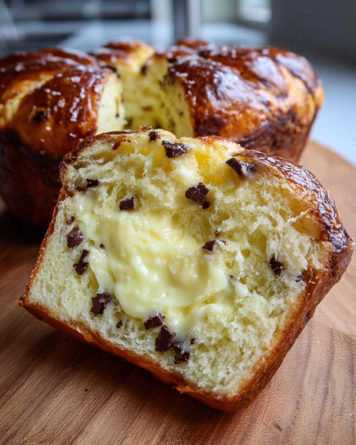 A slice cut from a chocolate chip vanilla custard brioches loaf, showing the rich yellow custard filling and chocolate chips inside the soft bread.