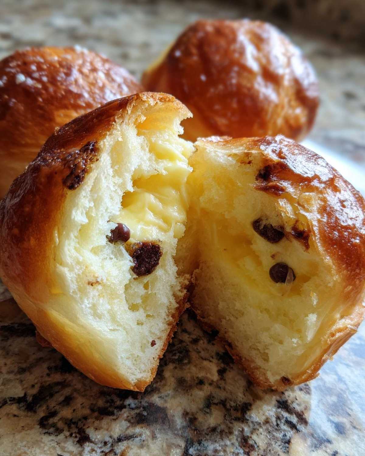Close-up of a chocolate chip vanilla custard brioche split open, showing rich yellow custard filling and chocolate chips.