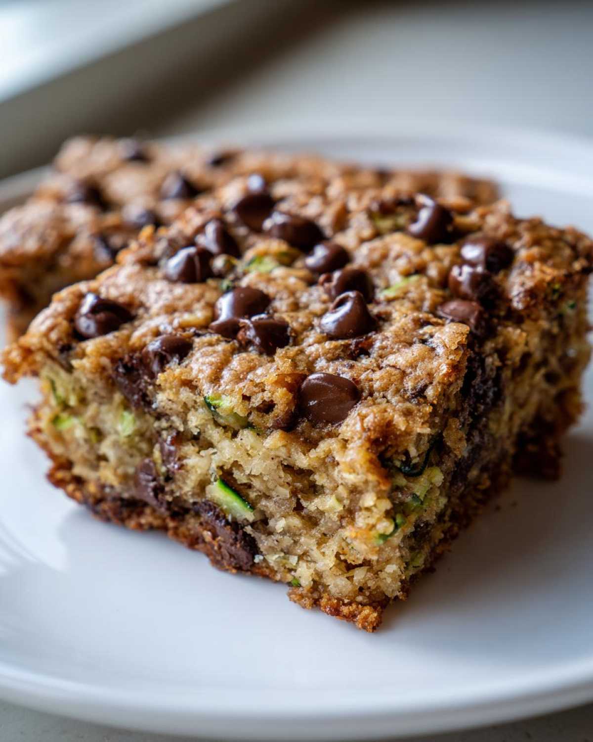 Close-up of two rich Chocolate Chip Zucchini Cookie Bars showing shredded zucchini and melted chocolate chips.